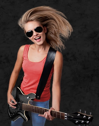 Person playing in a rock‑style setting promtoing Guitar lessons.
