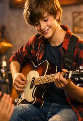 Guitarist performing with energy on an electric guitar.