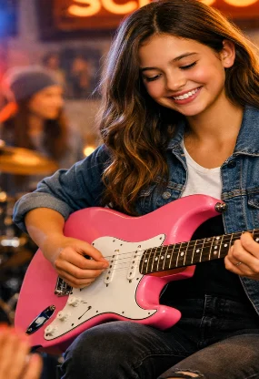 Person holding and playing a rock guitar during a performance.